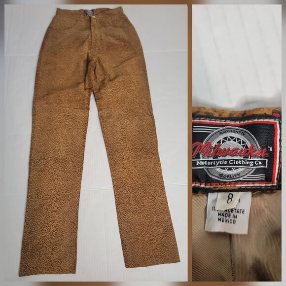 Milwaukee Leopard Print 100% Leather Pants Women Size 8 Straight Leg High Rise - Picture 1 of 12